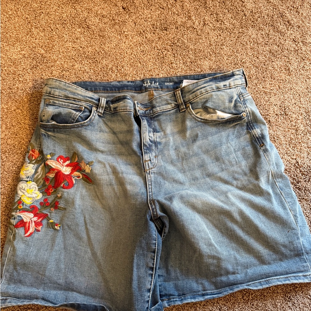 Style & Co. Blue Jean Shorts with Floral Embroidery